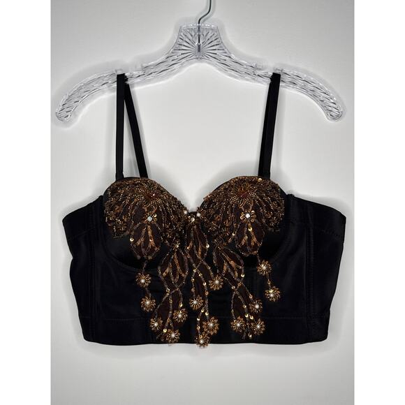 Beaded sequin 3D floral Crop bustier bra top gold black removable straps large - Picture 13 of 16